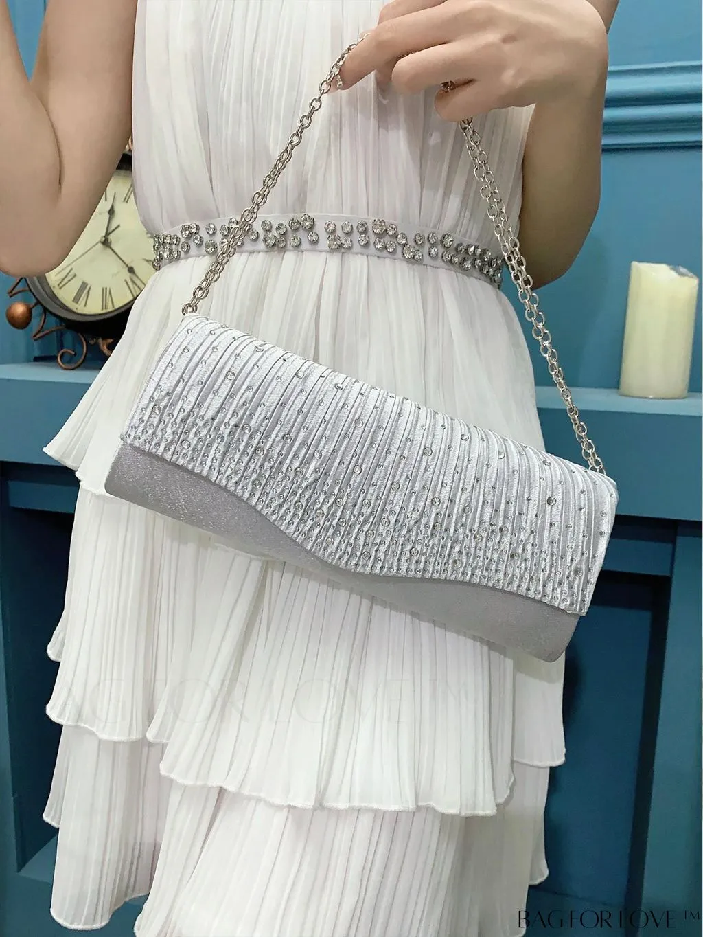 BagForLove - Party-ready Rhinestone Envelope Clutch with Ruched Detail
