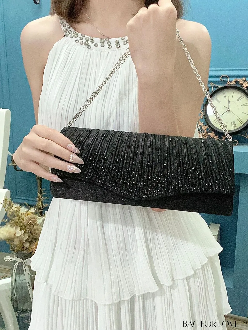 BagForLove - Party-ready Rhinestone Envelope Clutch with Ruched Detail