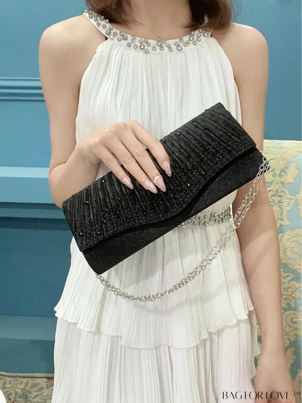 BagForLove - Party-ready Rhinestone Envelope Clutch with Ruched Detail