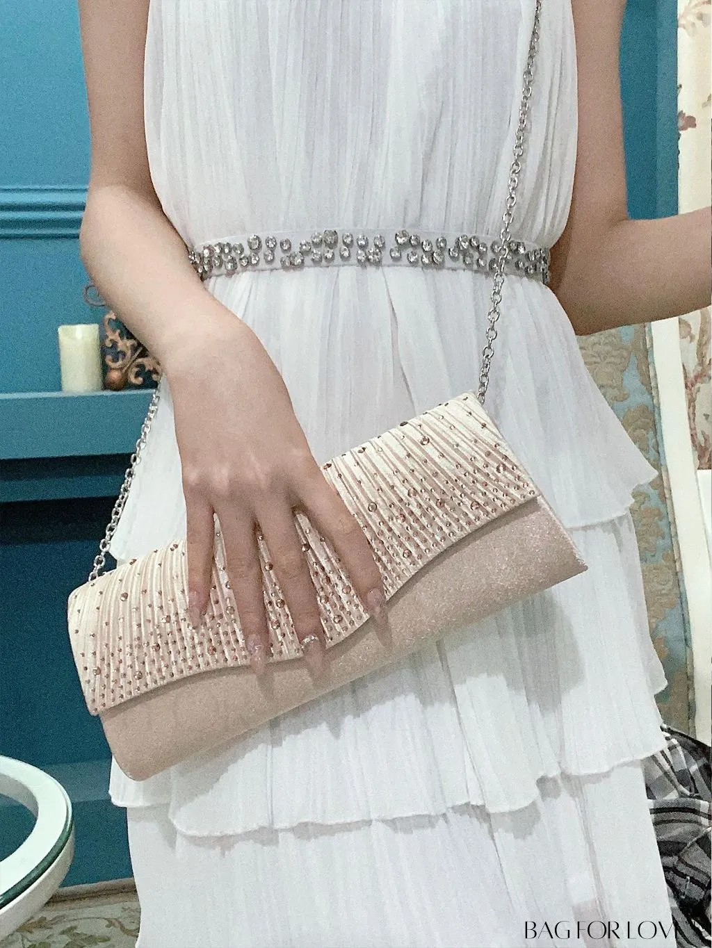 BagForLove - Party-ready Rhinestone Envelope Clutch with Ruched Detail
