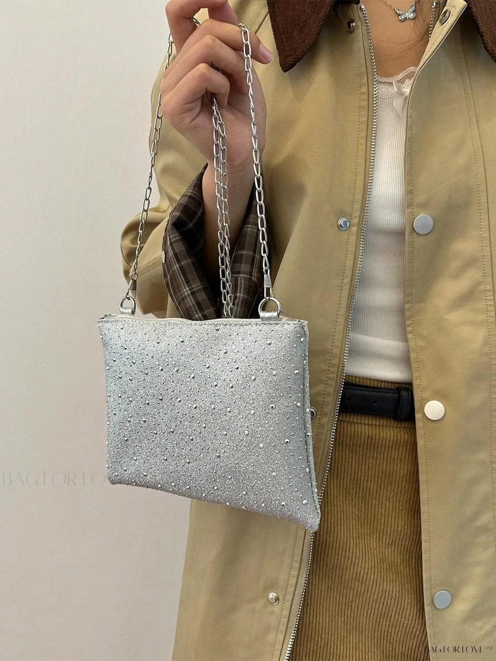 BagForLove - Shiny Chain Zipped Casual Shoulder Bag with Rhinestones