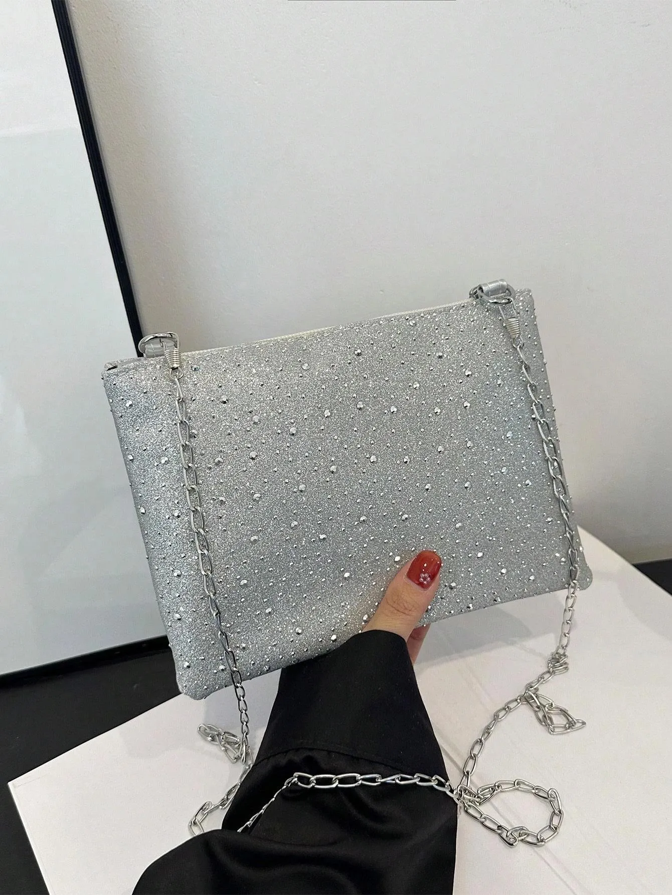 BagForLove - Shiny Chain Zipped Casual Shoulder Bag with Rhinestones