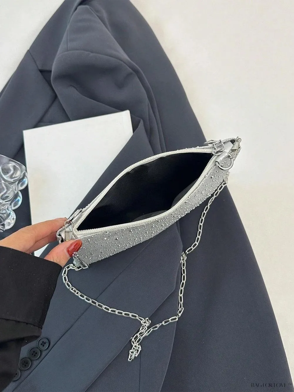 BagForLove - Shiny Chain Zipped Casual Shoulder Bag with Rhinestones