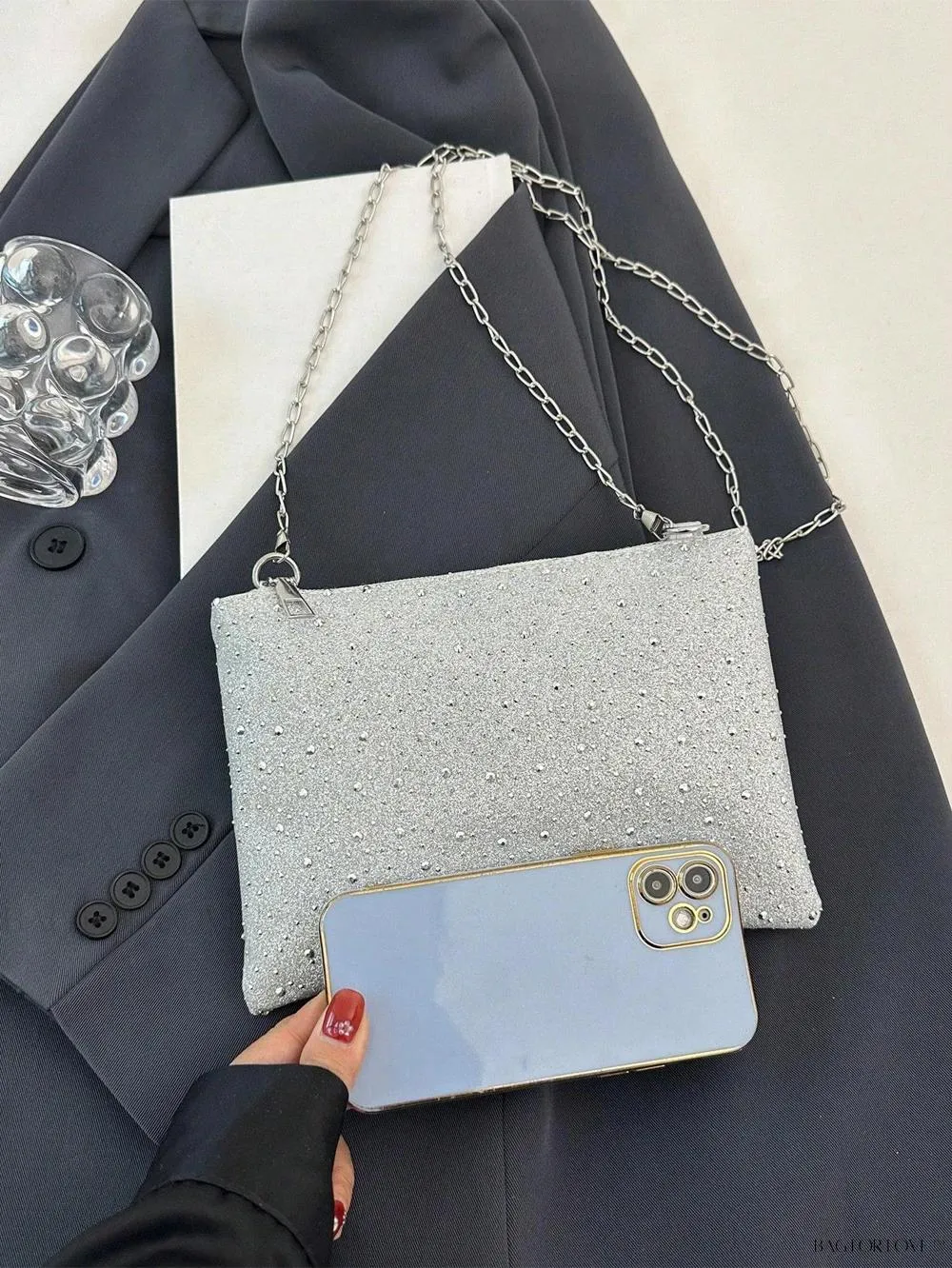 BagForLove - Shiny Chain Zipped Casual Shoulder Bag with Rhinestones