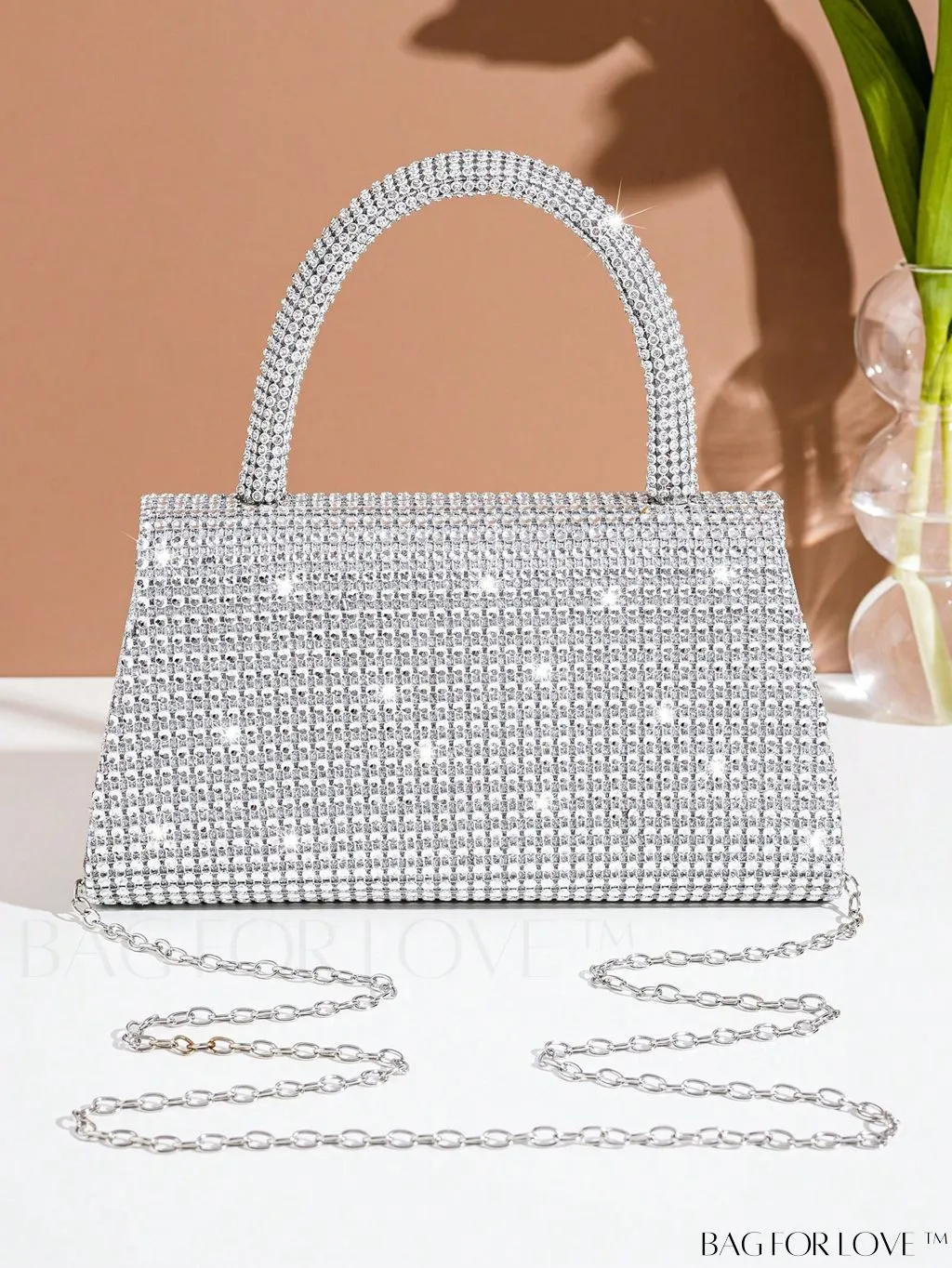 BagForLove - Silver Rhinestone Flap Square Bag with Top Handle â Perfect for Parties