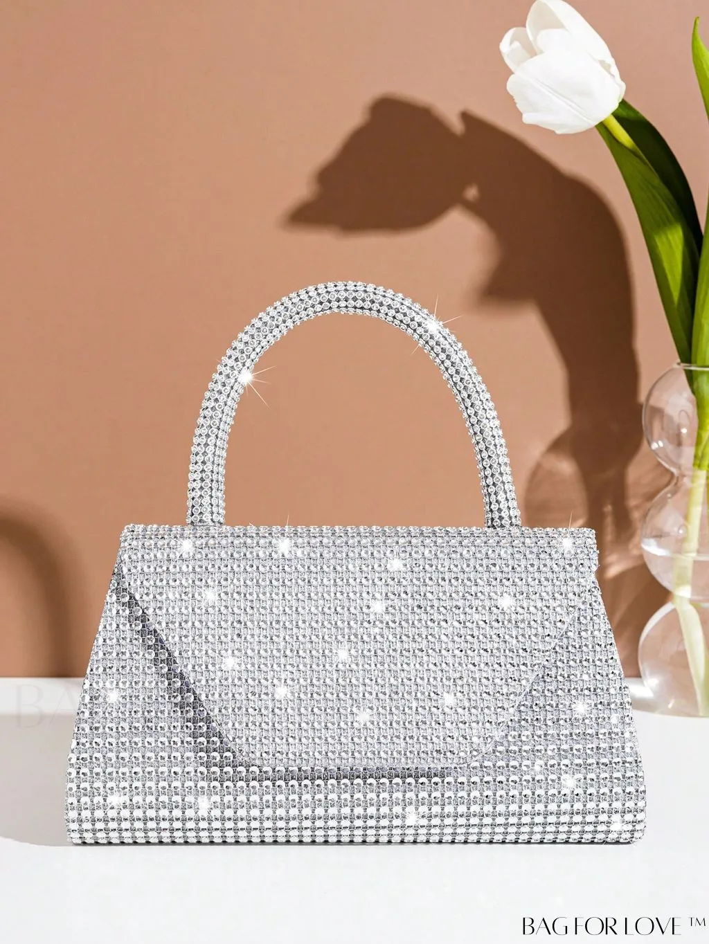 BagForLove - Silver Rhinestone Flap Square Bag with Top Handle â Perfect for Parties