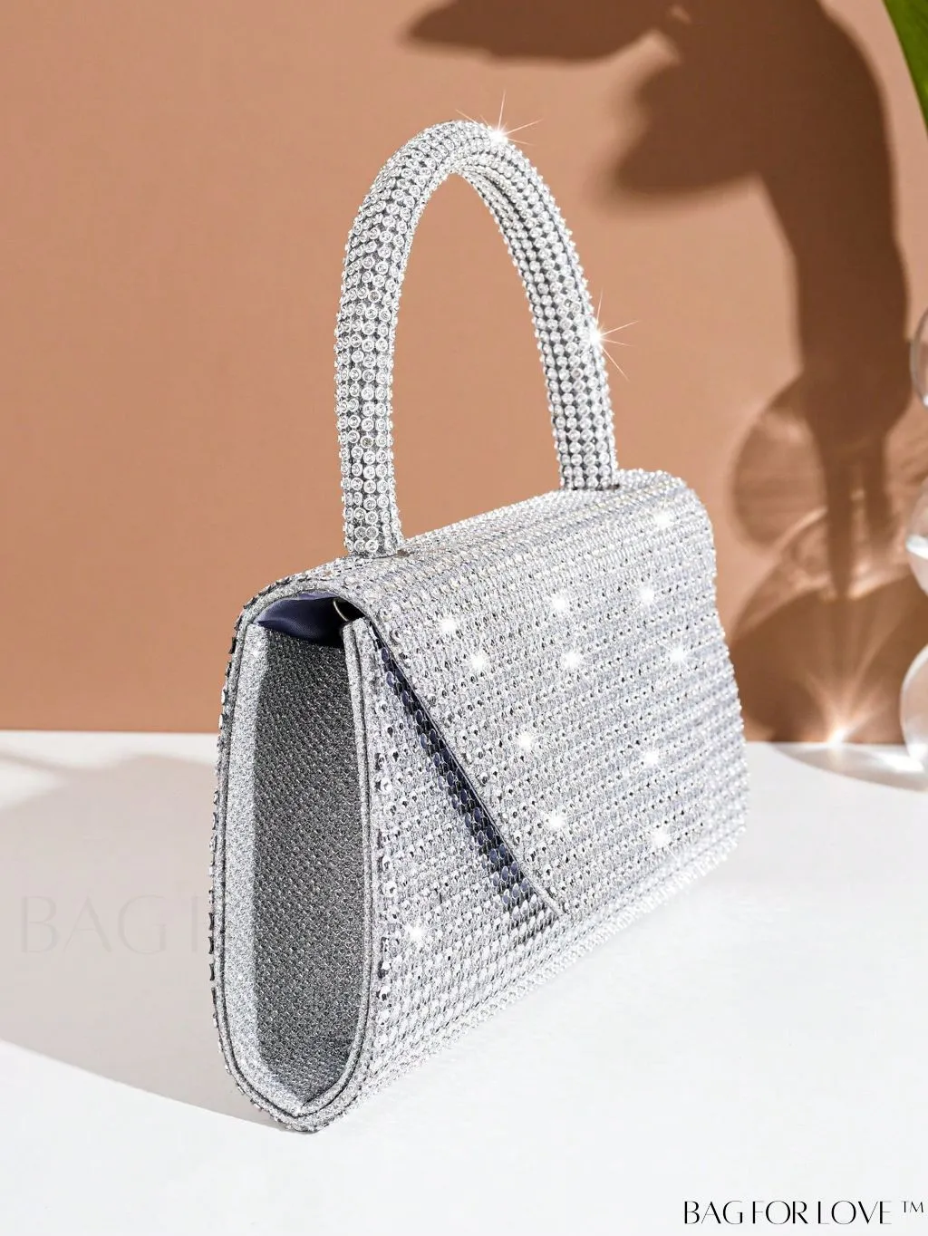 BagForLove - Silver Rhinestone Flap Square Bag with Top Handle â Perfect for Parties