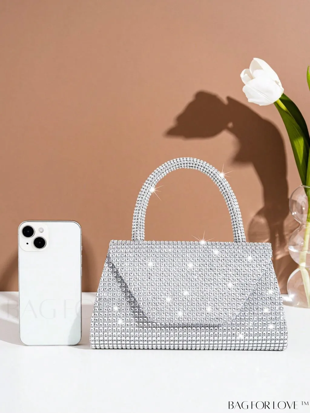 BagForLove - Silver Rhinestone Flap Square Bag with Top Handle â Perfect for Parties