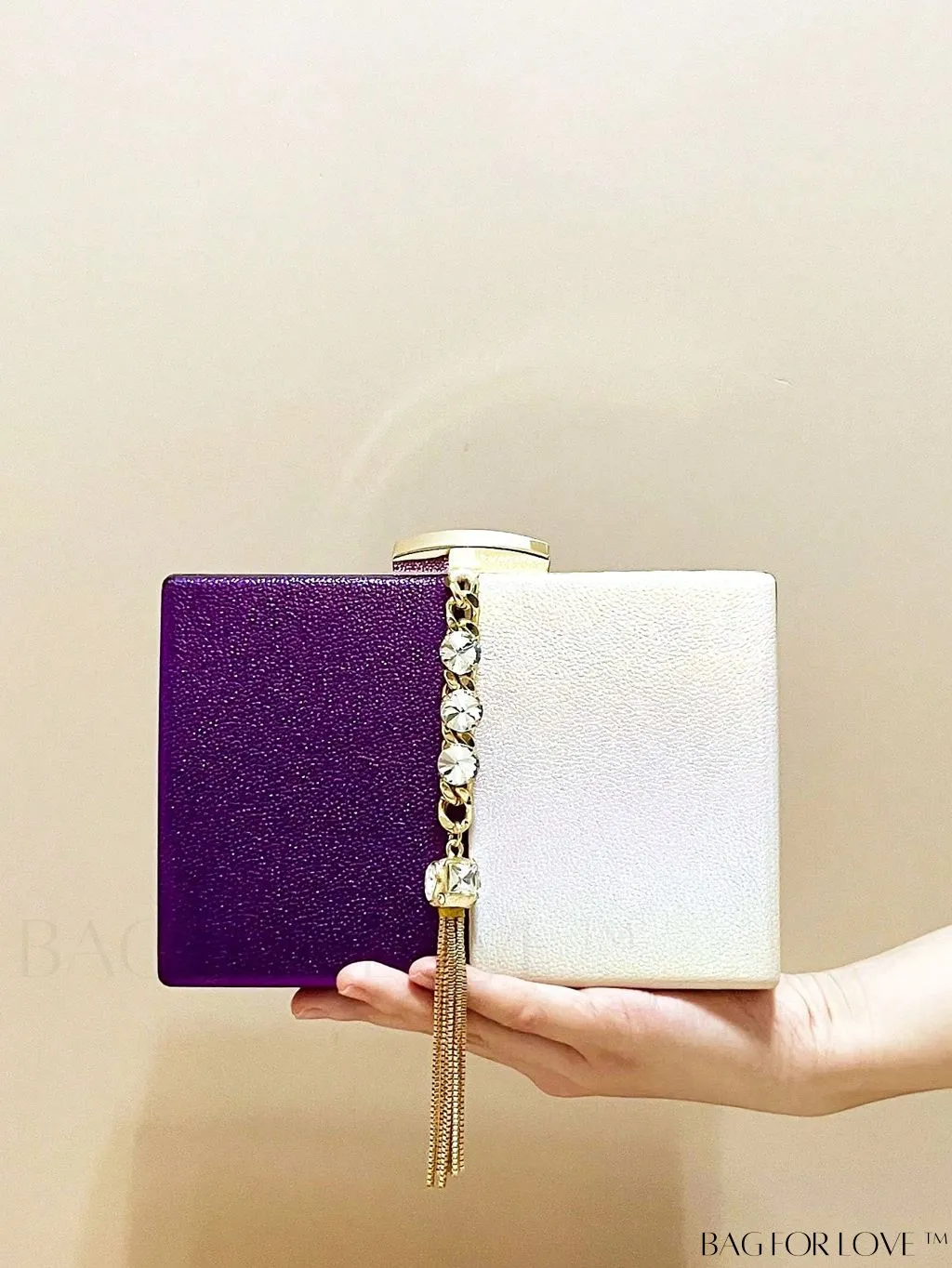 BagForLove - Stylish Mini Box Bag with Two-Tone Design, Rhinestone & Tassel Accent â High-Quality PU