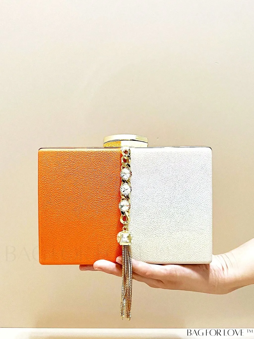 BagForLove - Stylish Mini Box Bag with Two-Tone Design, Rhinestone & Tassel Accent â High-Quality PU