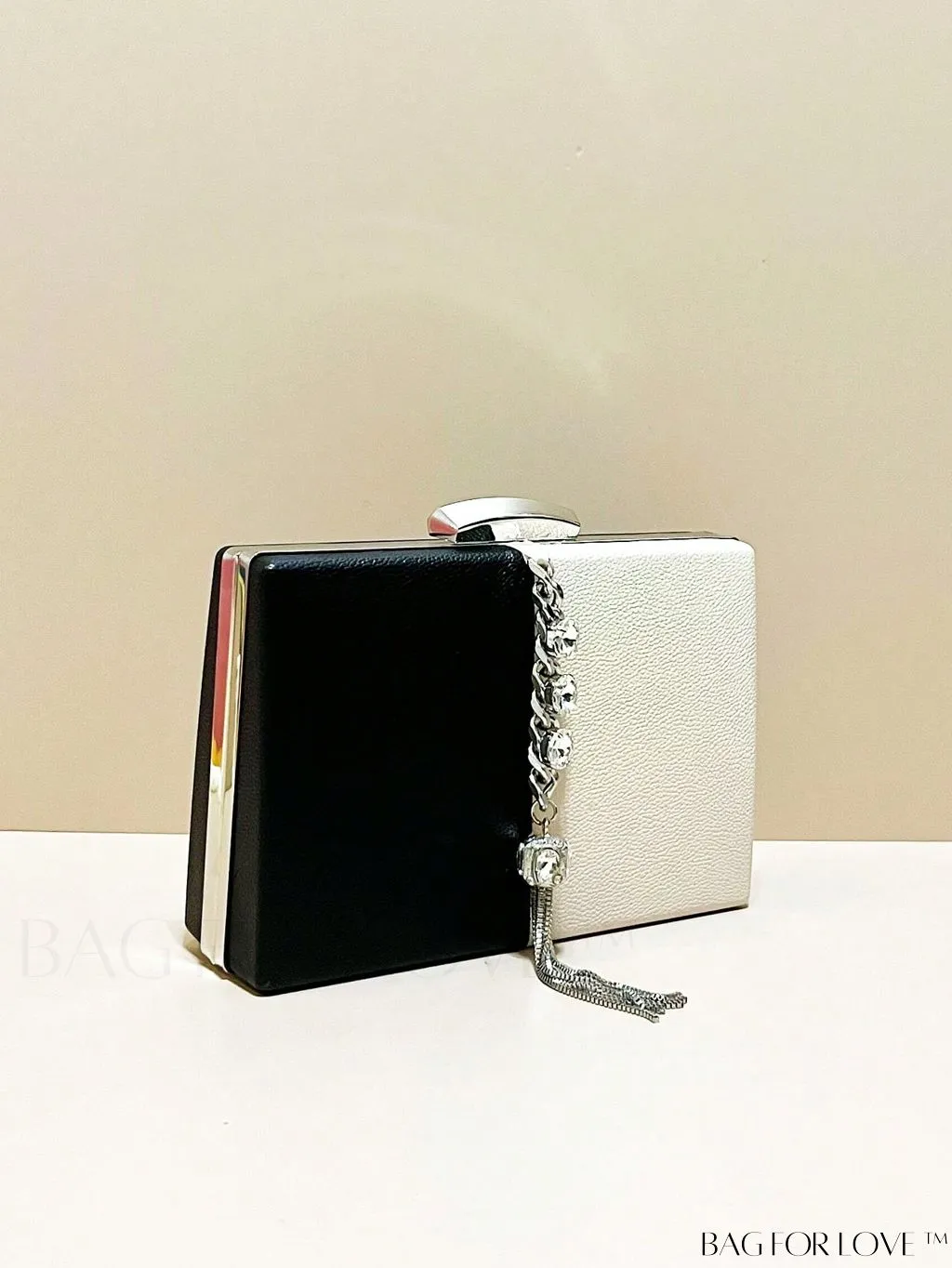BagForLove - Stylish Mini Box Bag with Two-Tone Design, Rhinestone & Tassel Accent â High-Quality PU