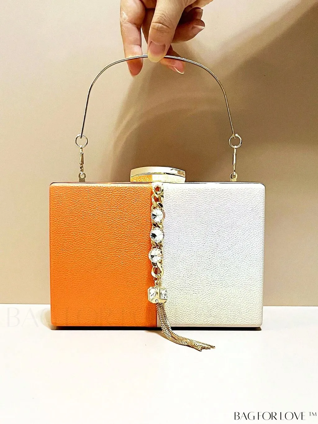 BagForLove - Stylish Mini Box Bag with Two-Tone Design, Rhinestone & Tassel Accent â High-Quality PU