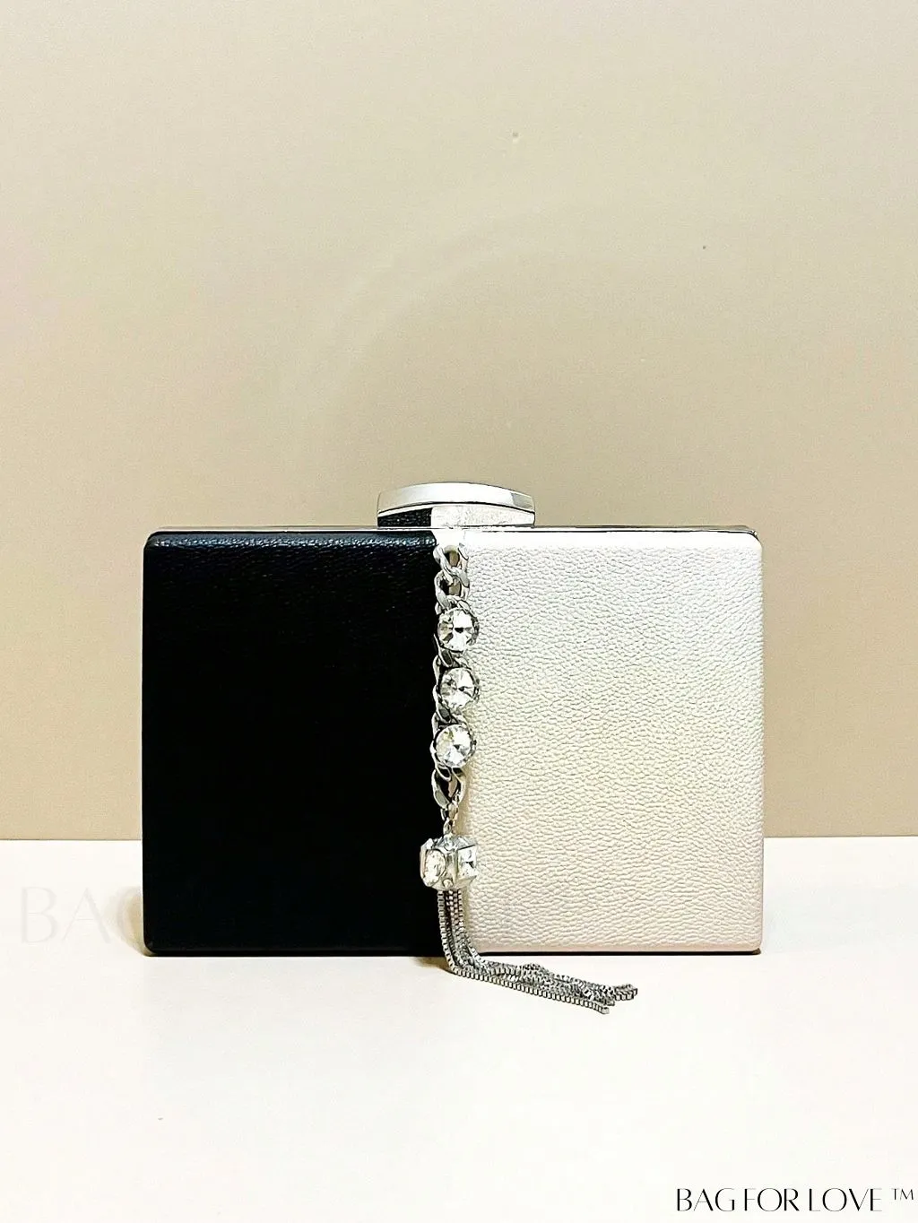 BagForLove - Stylish Mini Box Bag with Two-Tone Design, Rhinestone & Tassel Accent â High-Quality PU