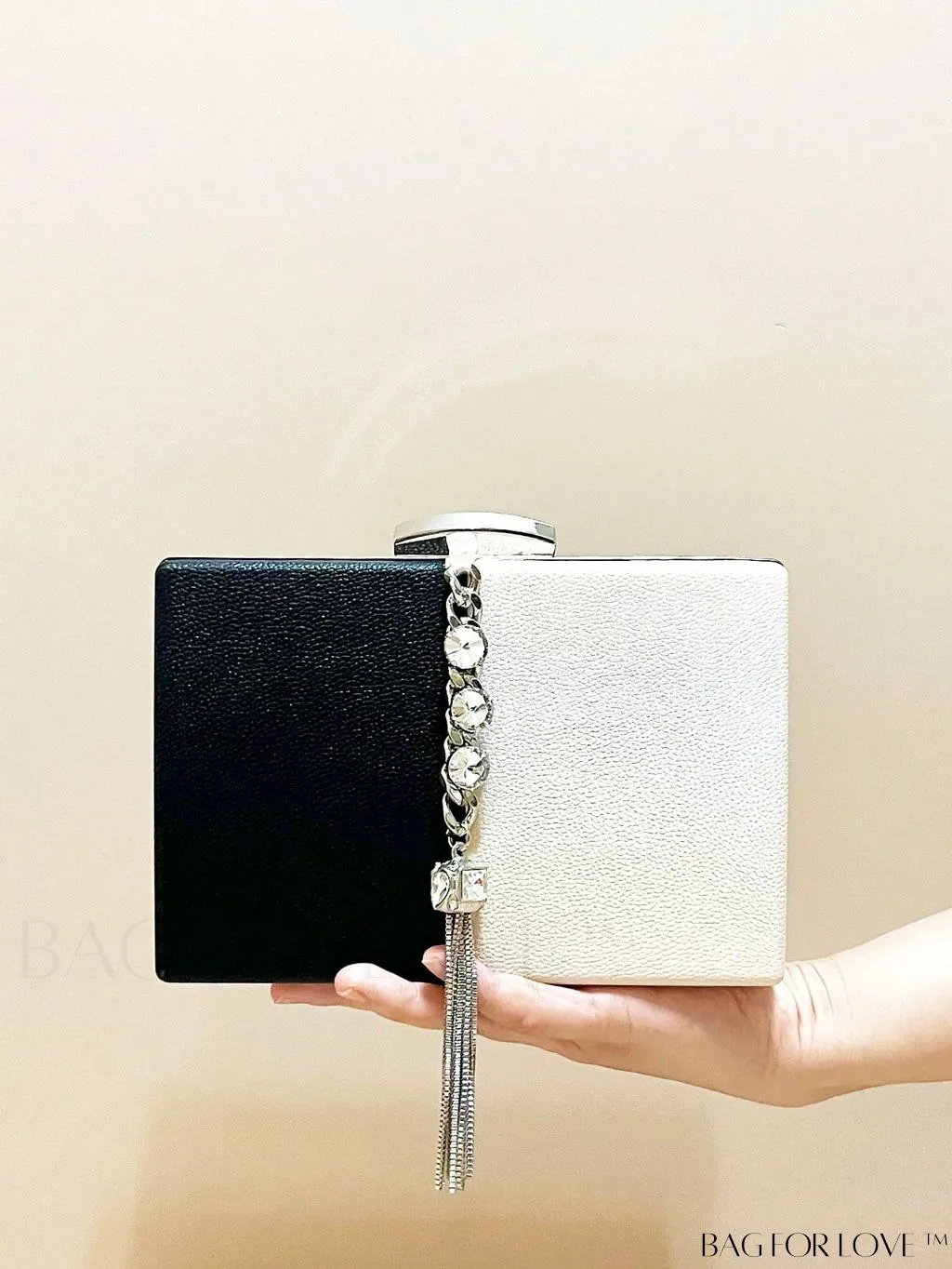 BagForLove - Stylish Mini Box Bag with Two-Tone Design, Rhinestone & Tassel Accent â High-Quality PU