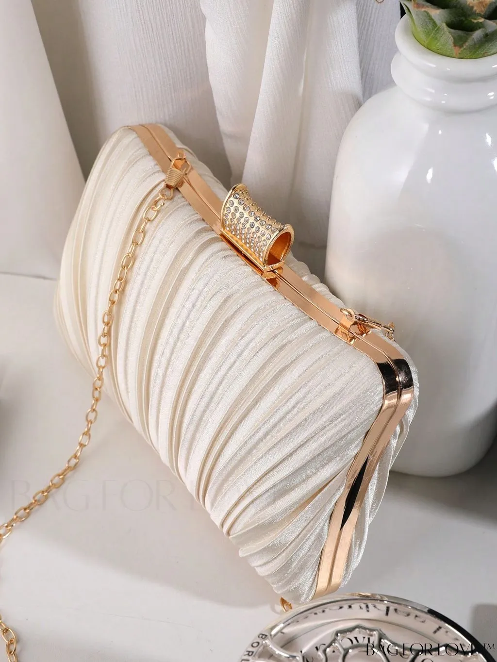 BagForLove - Stylish Rhinestone-Embellished Pleated Mini Box Bag, Ideal for Wedding, Prom & Party Events