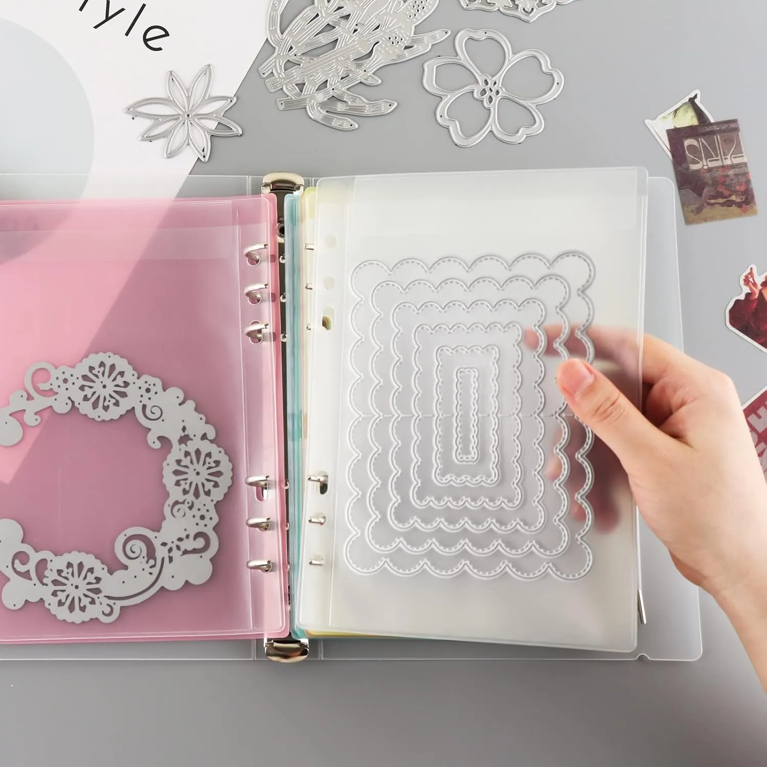 BAOFALI 15PCS Binder Loose Leaf Bags with 5 PCS Tab Binder Dividers and 1pcs 6 Ring Binder Cover for DIY 6 Hole Planner Pages Refill Insert Insert Scrapbooking Paper Card Craft Cutting Dies Storage