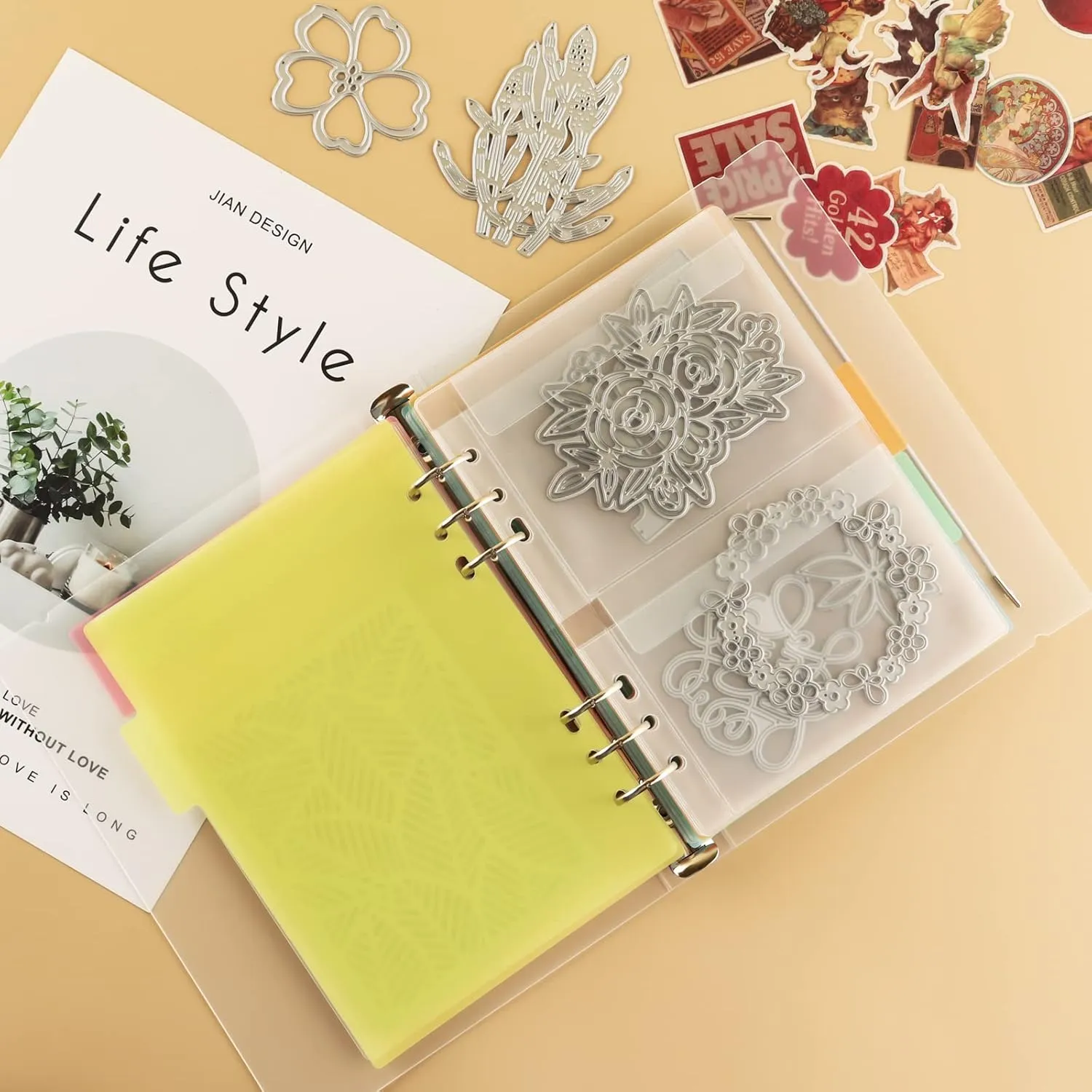 BAOFALI 15PCS Binder Loose Leaf Bags with 5 PCS Tab Binder Dividers and 1pcs 6 Ring Binder Cover for DIY 6 Hole Planner Pages Refill Insert Insert Scrapbooking Paper Card Craft Cutting Dies Storage
