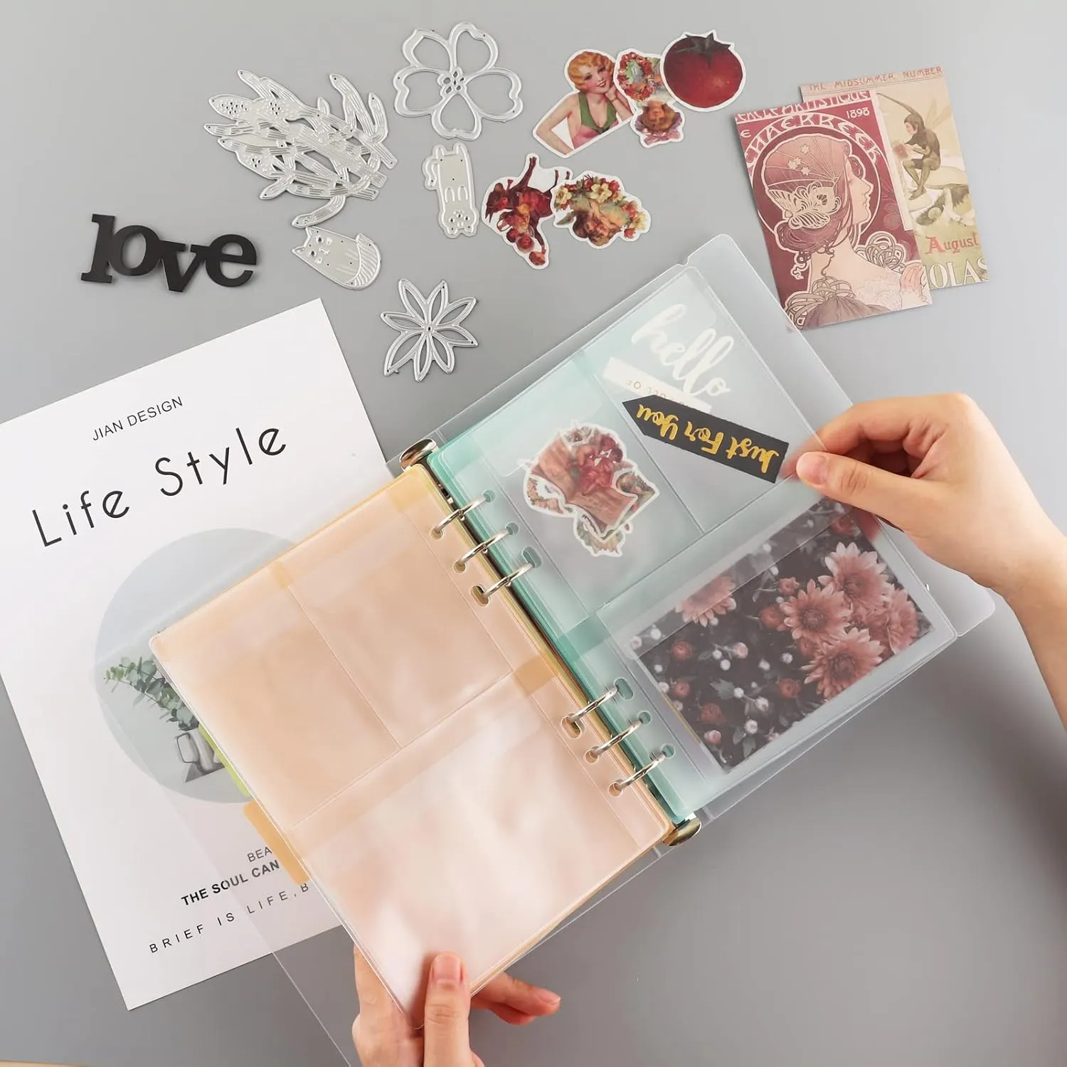 BAOFALI 15PCS Binder Loose Leaf Bags with 5 PCS Tab Binder Dividers and 1pcs 6 Ring Binder Cover for DIY 6 Hole Planner Pages Refill Insert Insert Scrapbooking Paper Card Craft Cutting Dies Storage