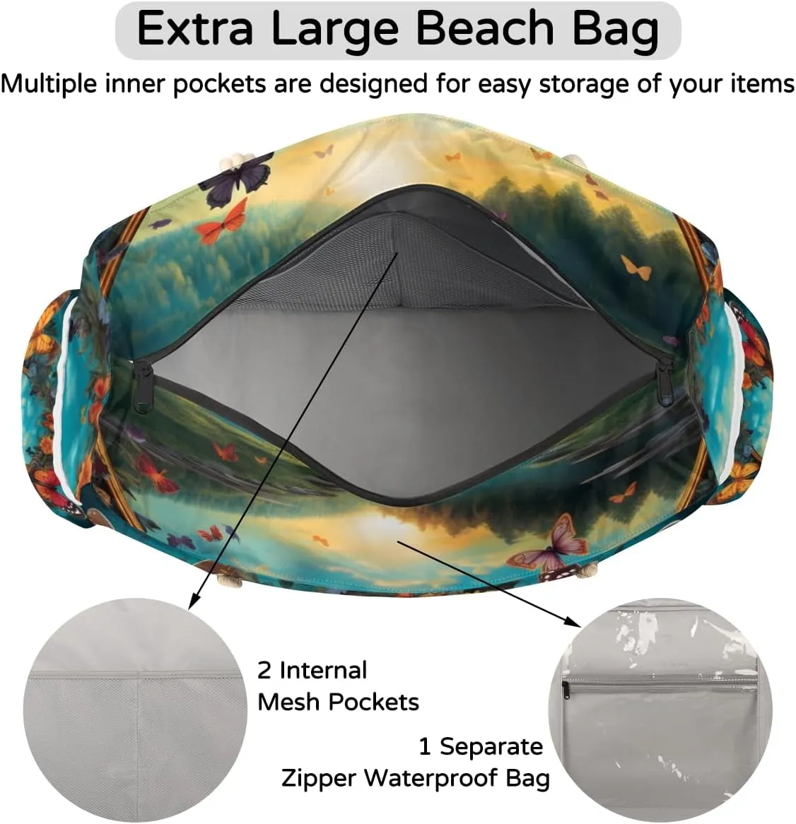 Beach Bags for Women Waterproof Sandproof Large Beach Tote Bag with Zipper Swim Pool Bag for Travel Outdoor