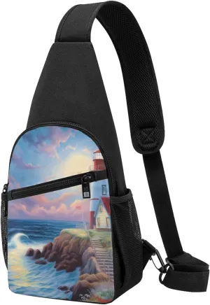 Beach Sunset Painting Printed Chest Bag Chest Shoulder Crossbody Bag for Men Women Travel Chest Pack Hiking Shoulder Bags, Black, One Size, Hiking Backpack