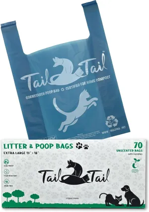 Biodegradable Cat Litter Bags for Poop and Pee (70 Extra Large 18 X 18 with Gussets expanded). Leak proof, Durable, Unscented, Compostable, Strong, with Handles.