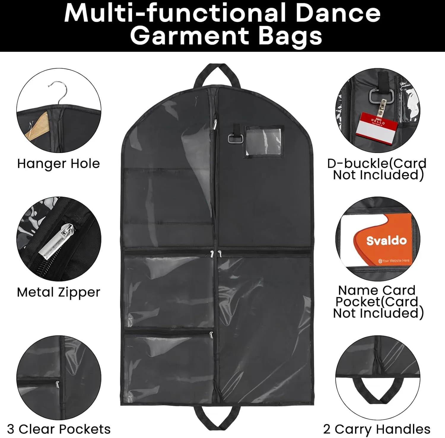 Black Dance Garment Bags for Dancers, 1pc 24x40x3", Waterproof Garment Bags for Hanging Clothes, Dance Costumes, Girls Dresses for Dance Competition Travel, Dust Proof with Handles & 5 Pockets