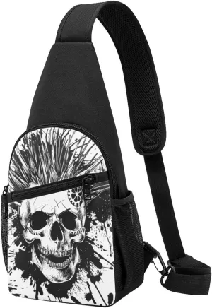 Black White Punk Skull Printed Chest Bag Chest Shoulder Crossbody Bag for Men Women - Travel Chest Pack Hiking Shoulder Bags, Black, One Size, Casual Daypack