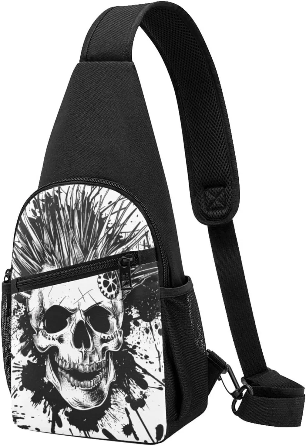 Black White Punk Skull Printed Chest Bag Chest Shoulder Crossbody Bag for Men Women - Travel Chest Pack Hiking Shoulder Bags, Black, One Size, Casual Daypack