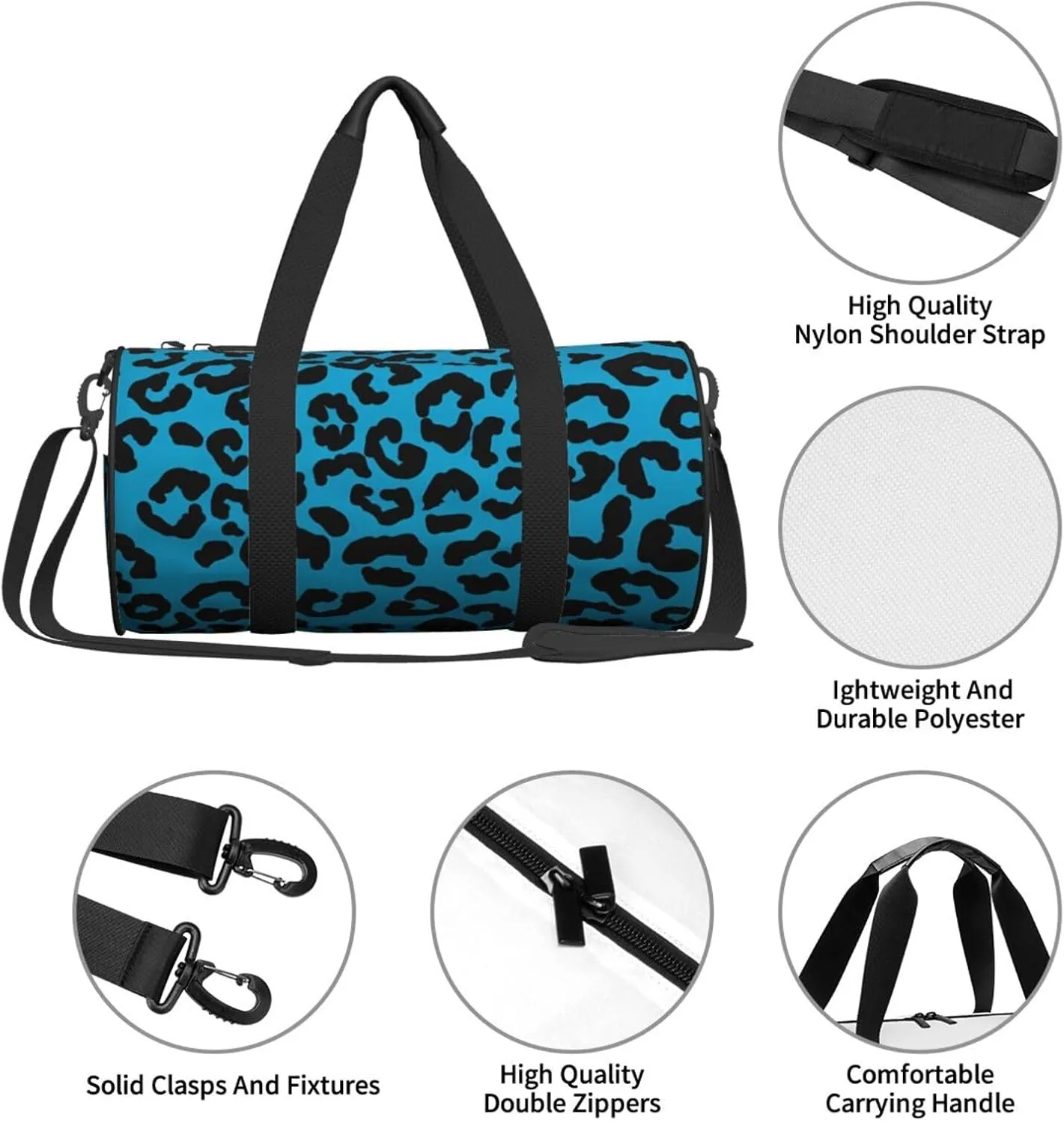 Blue and black cheetah aesthetic Round Travel Duffel Bag Large Capacity Gym Sports Bags for Hiking Vacation Trips