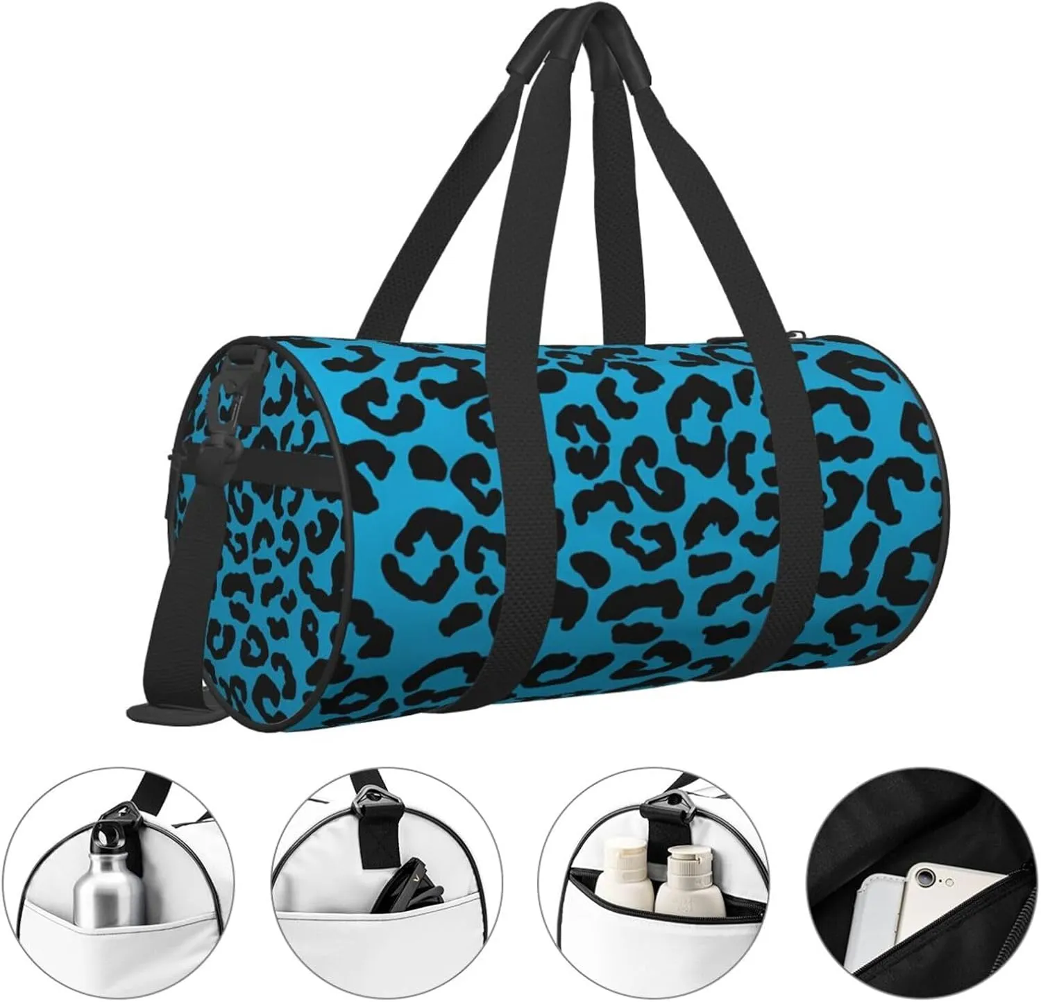 Blue and black cheetah aesthetic Round Travel Duffel Bag Large Capacity Gym Sports Bags for Hiking Vacation Trips