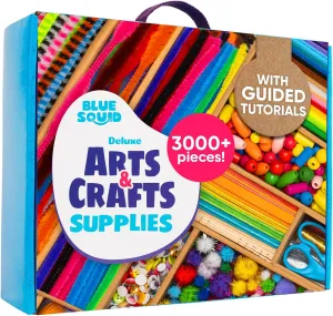 Blue Squid Arts & Crafts Chest - 3000  pcs Deluxe Craft Supplies Box, 2 Drawers, 18 Compartments, Sturdy Handle - Art Crafting Kit Birthday Gifts for Kids, School Supply for Ages 4 5 6 7 8 9 10 11 12