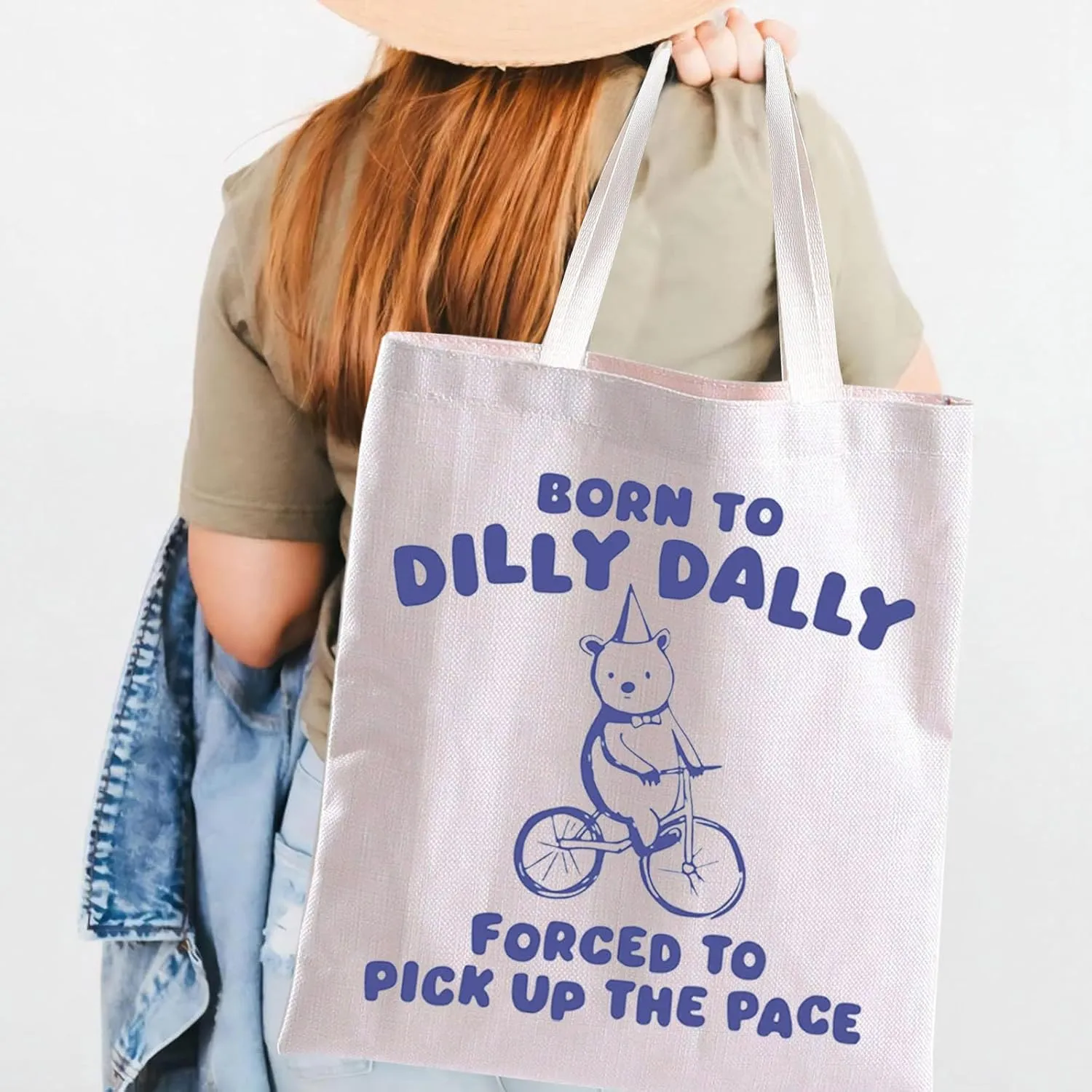 BLUPARK Funny Bear Tote Bag Born to Dilly Dally Forced to Pick Up The Pace Canvas Shoulder Bag Funny Meme Gift Funny Y2K Gift