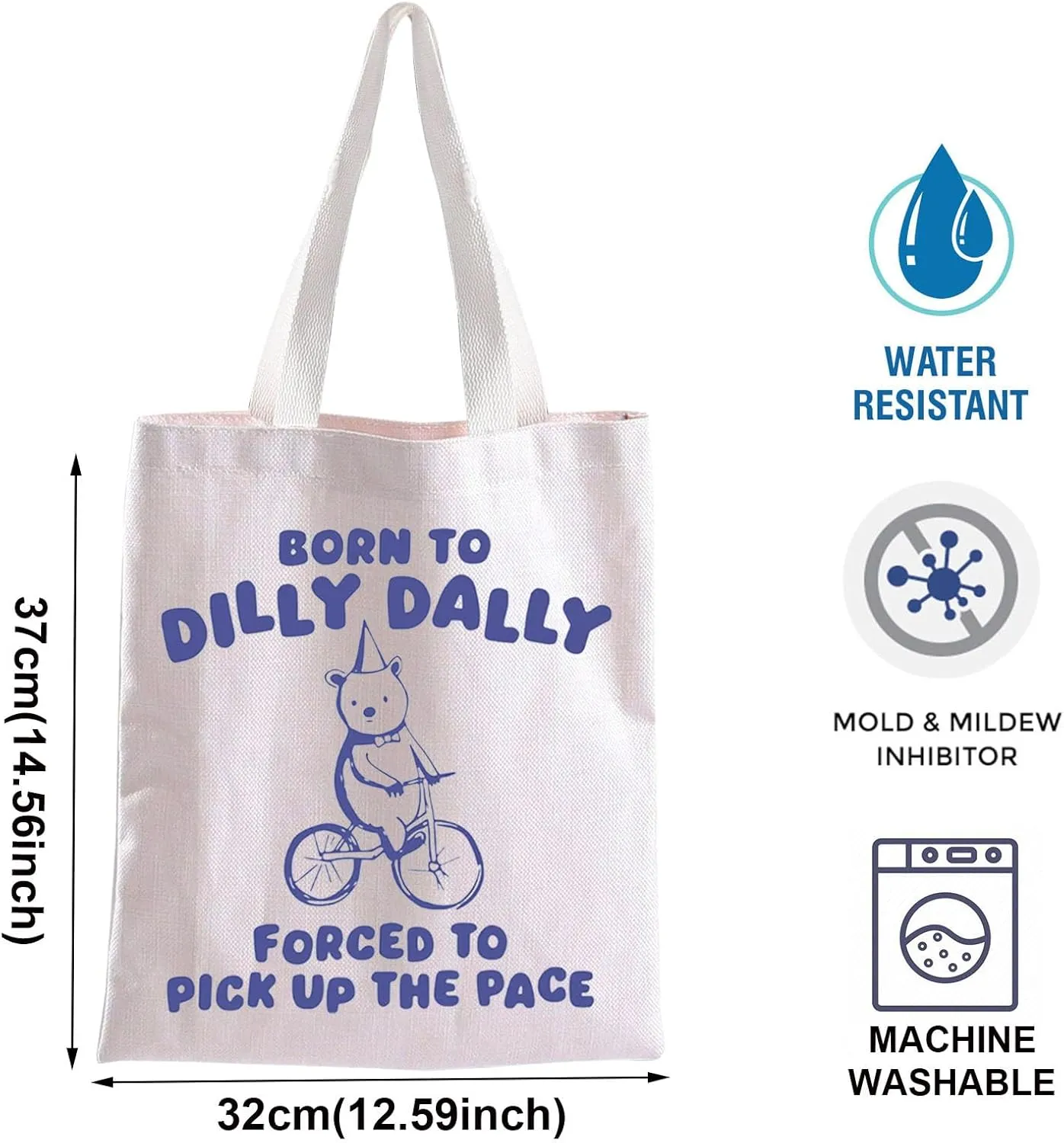 BLUPARK Funny Bear Tote Bag Born to Dilly Dally Forced to Pick Up The Pace Canvas Shoulder Bag Funny Meme Gift Funny Y2K Gift