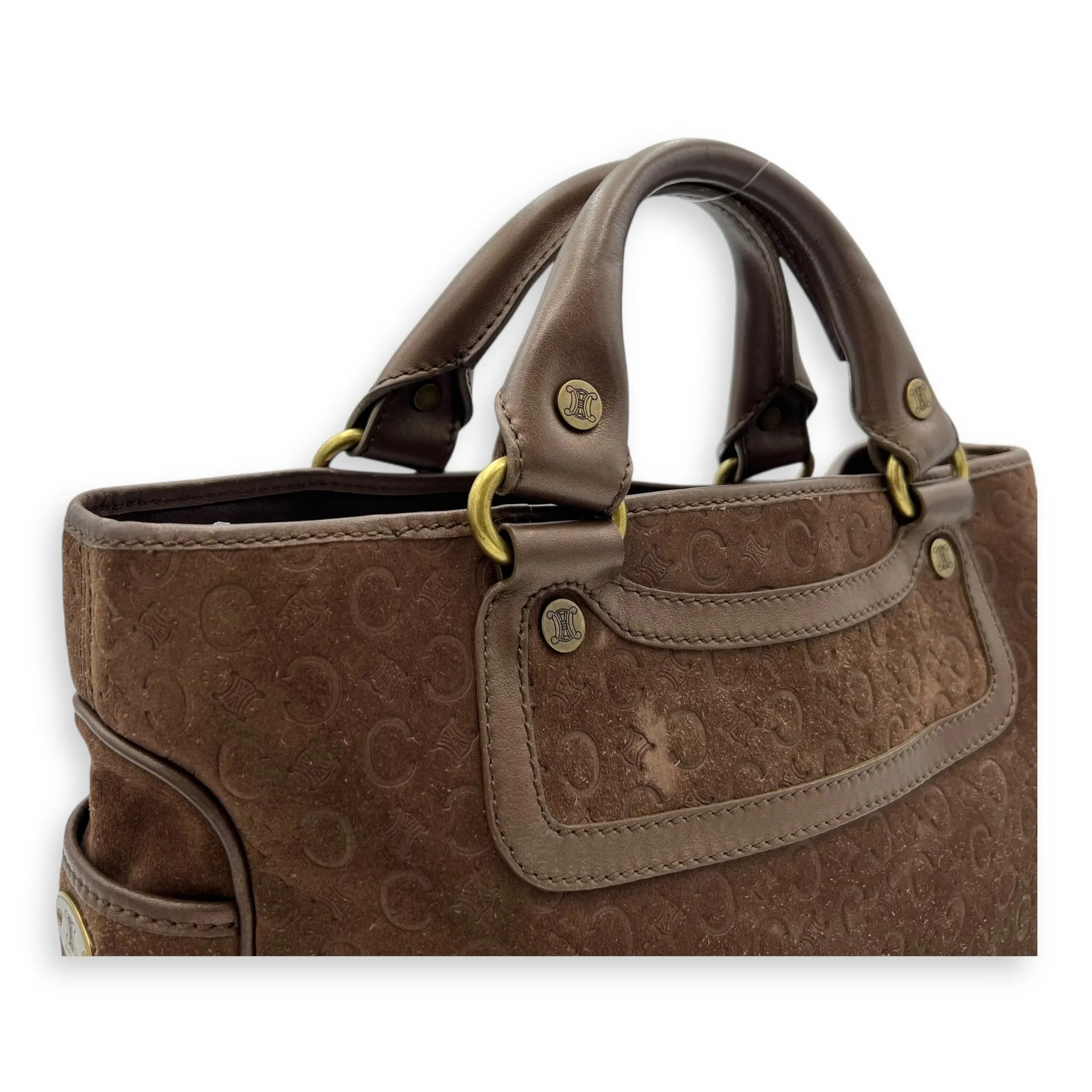 Boogie Top Handle Bag Brown in Suede Leather, Gold hardware