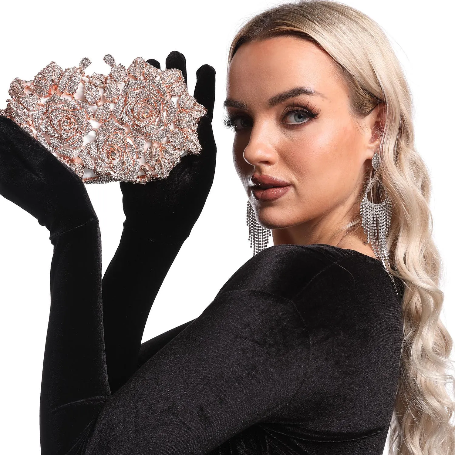Boutique De FGG Dazzling Flower Evening Bags For Women Formal Party Rhinestone Handbags Wedding Crystal Clutch Purse,Mini