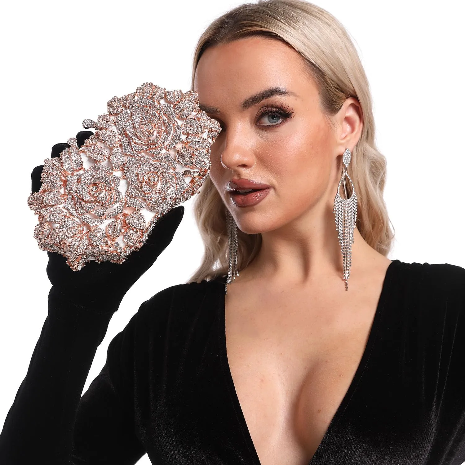 Boutique De FGG Dazzling Flower Evening Bags For Women Formal Party Rhinestone Handbags Wedding Crystal Clutch Purse,Mini