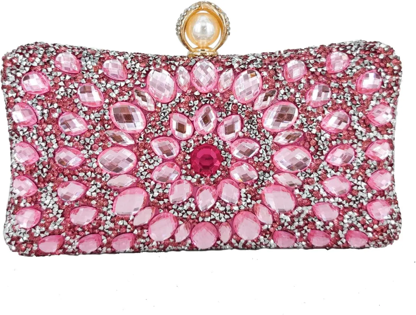 Boutique De FGG Pearl Clasp Crystal Clutch Purses for Women Evening Bags Wedding Handbag Party Rhinestone Clutch Bag,Mini