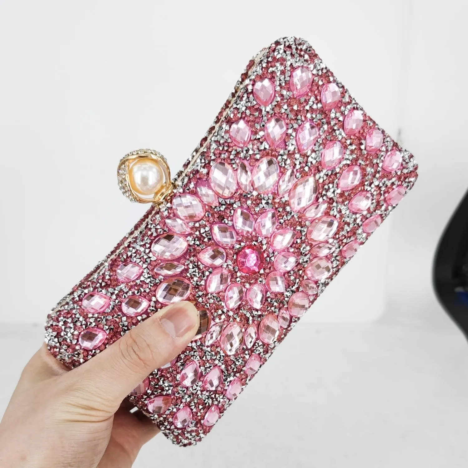 Boutique De FGG Pearl Clasp Crystal Clutch Purses for Women Evening Bags Wedding Handbag Party Rhinestone Clutch Bag,Mini