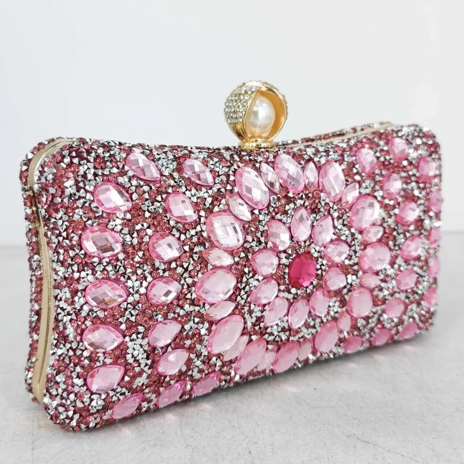 Boutique De FGG Pearl Clasp Crystal Clutch Purses for Women Evening Bags Wedding Handbag Party Rhinestone Clutch Bag,Mini