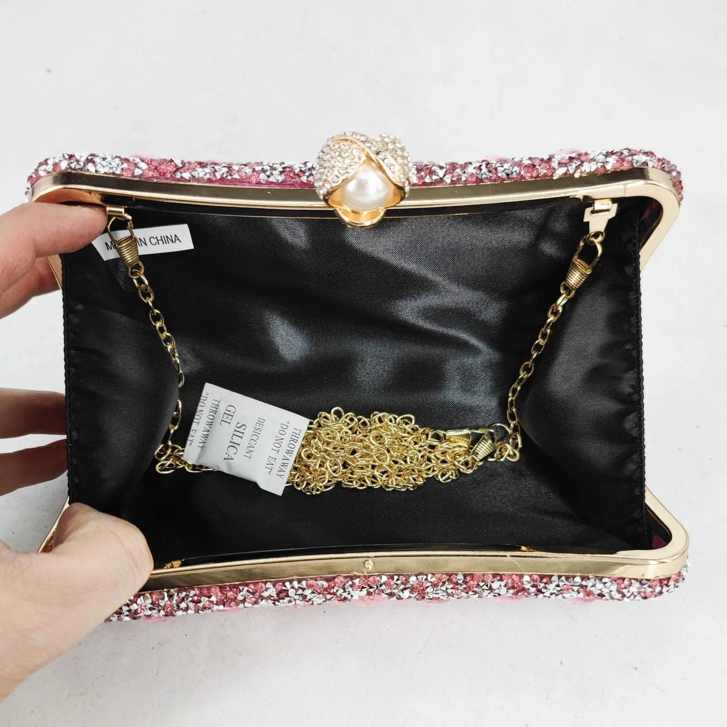 Boutique De FGG Pearl Clasp Crystal Clutch Purses for Women Evening Bags Wedding Handbag Party Rhinestone Clutch Bag,Mini