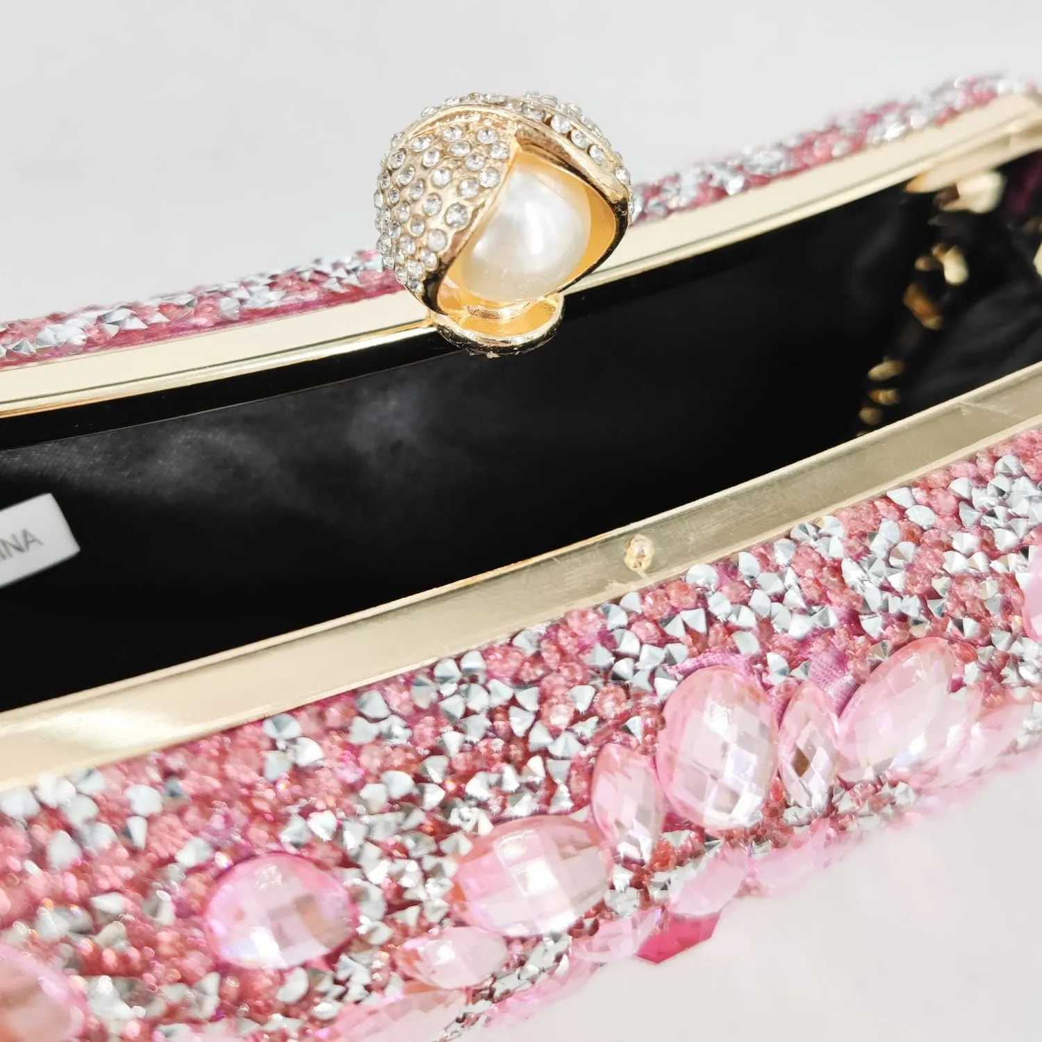 Boutique De FGG Pearl Clasp Crystal Clutch Purses for Women Evening Bags Wedding Handbag Party Rhinestone Clutch Bag,Mini