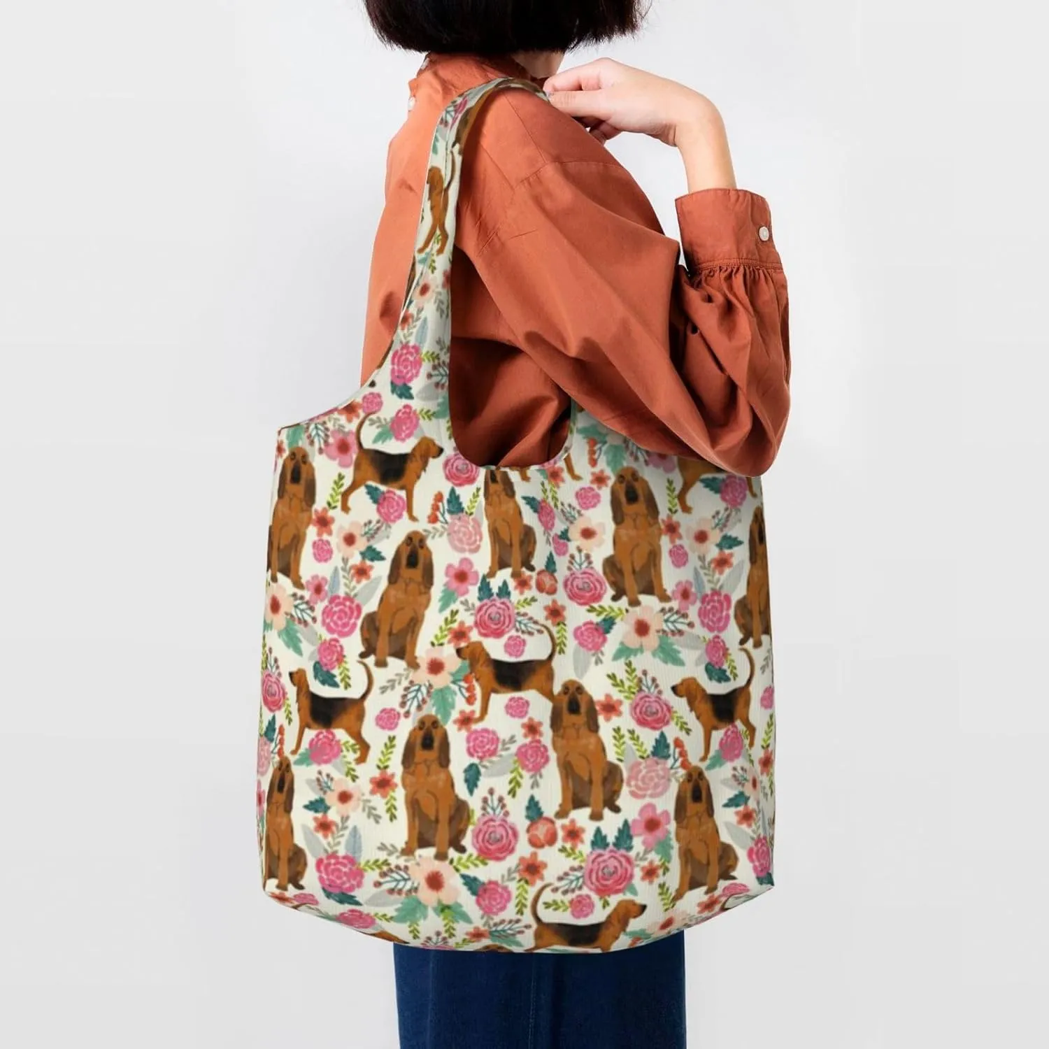 Boxer Dogs Rose Flower Floral Canvas Tote Bags For Grocery Shopping Reusable Cloth Bags Soft Shoulder Bag