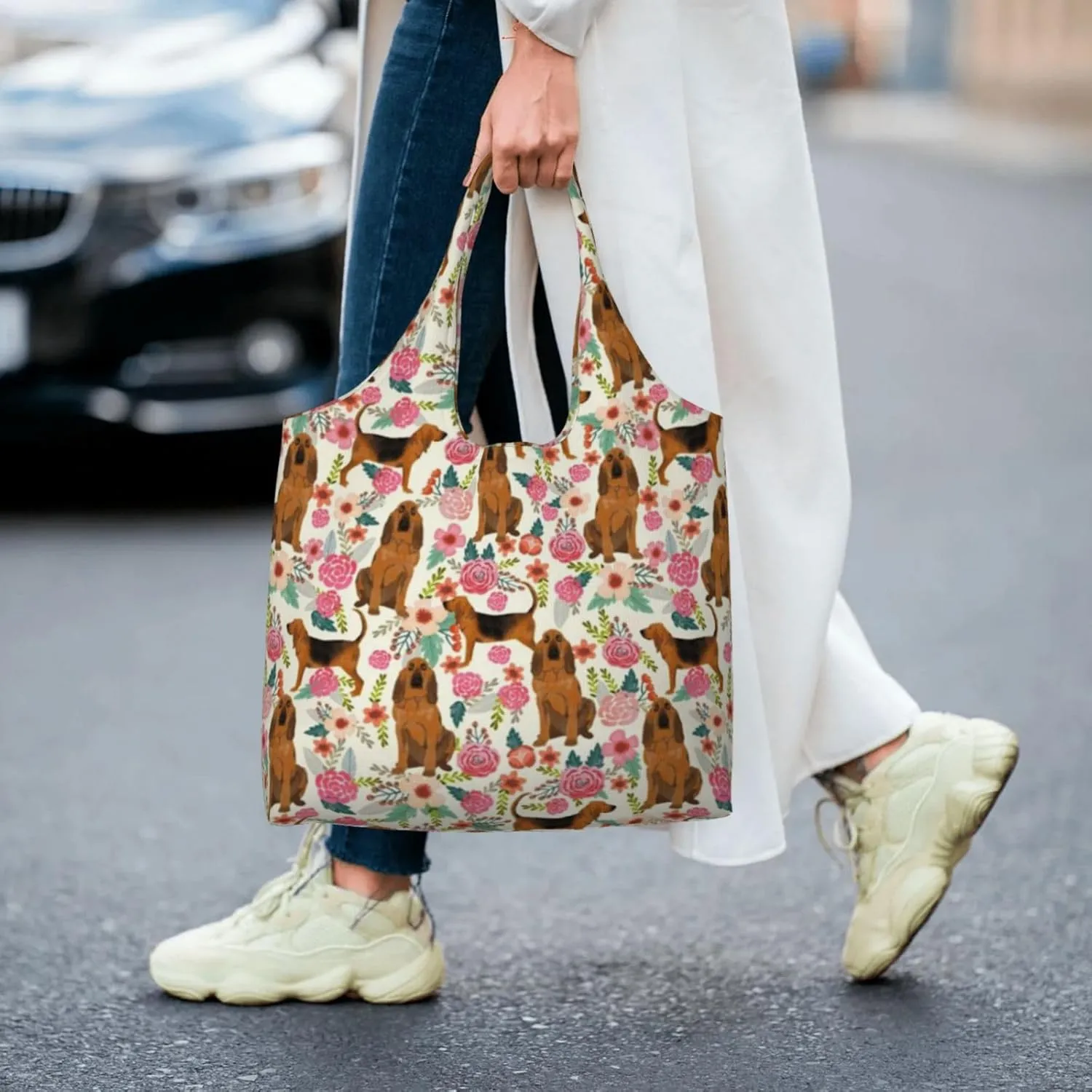 Boxer Dogs Rose Flower Floral Canvas Tote Bags For Grocery Shopping Reusable Cloth Bags Soft Shoulder Bag