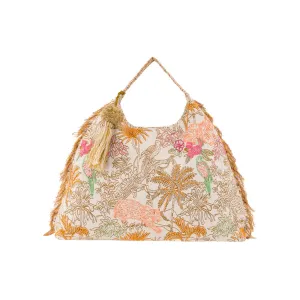 Brown Tropical Embroidered Bag with Pom-Pom