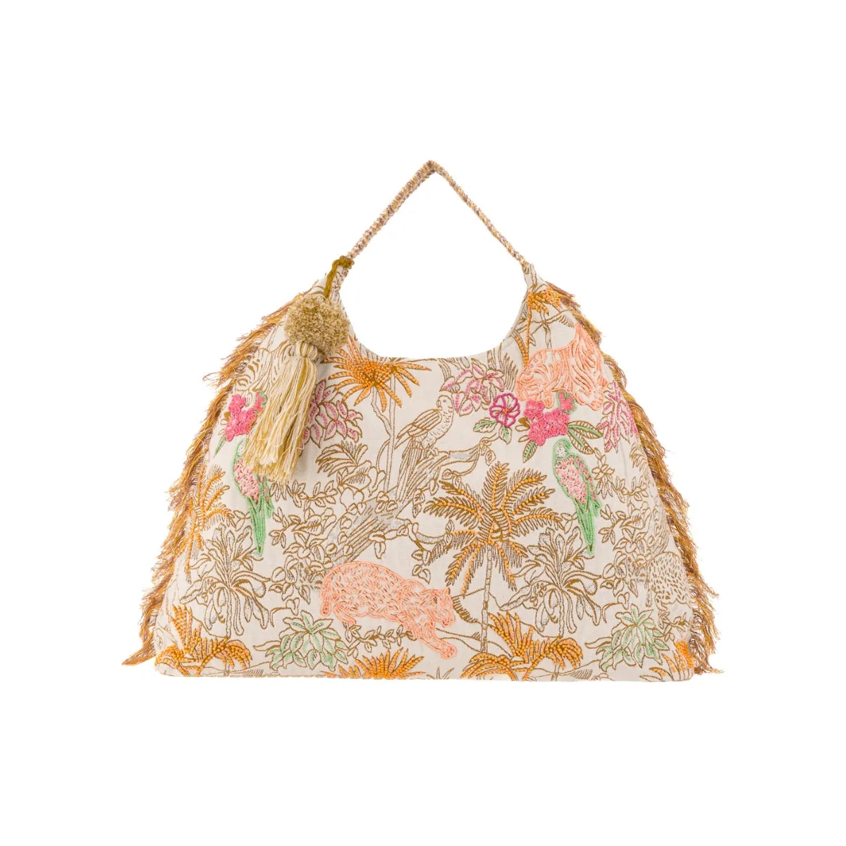 Brown Tropical Embroidered Bag with Pom-Pom