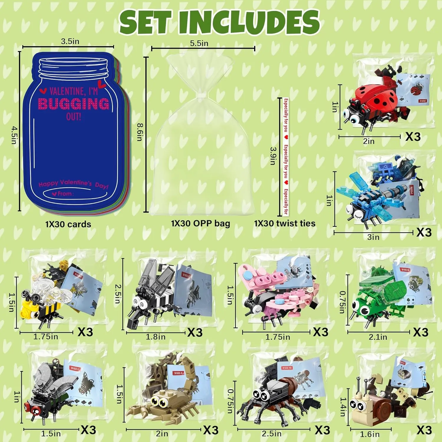 Building Blocks Valentines - 30 PCS Insect Building Blocks with Valentine Exchange Cards, Fun Valentines Day Cards for School Classroom, Valentines Party Favors & Goodie Bag Stuffers for Kids