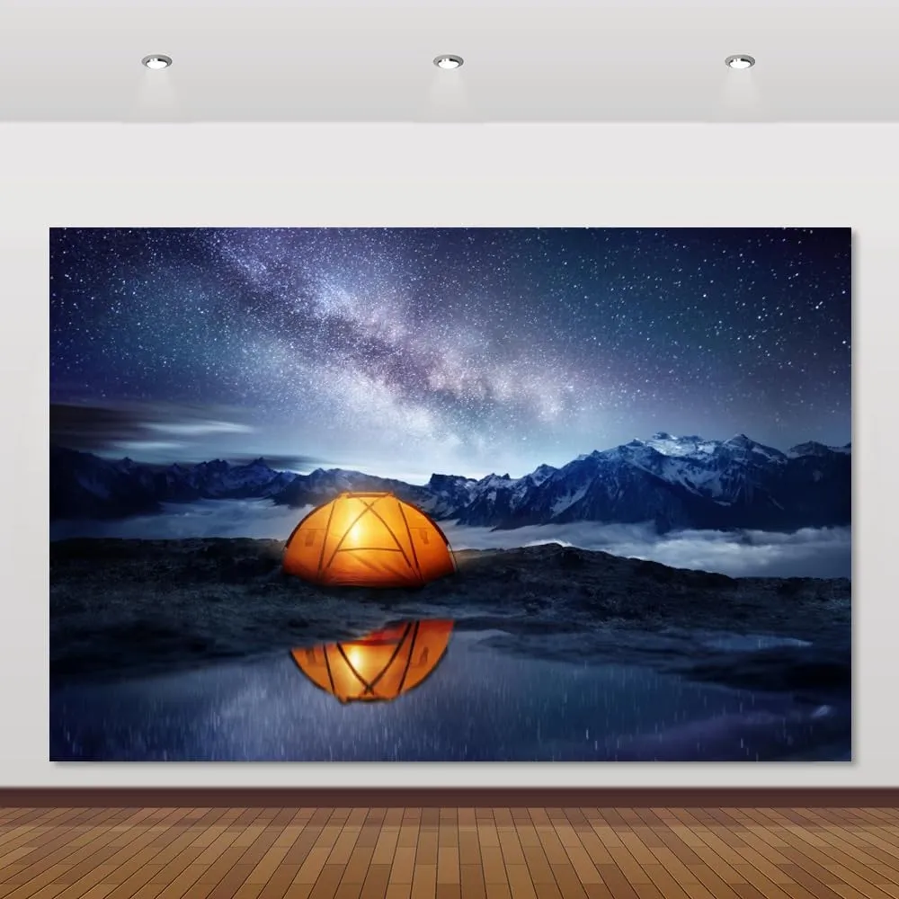 Camping Backdrop Outdoor Travel Starry Sky Galaxy Photography Background Lake Mountain Night Scene Camping Photo Backdrops Adventure Camping Theme Decoration Kids Adults Photo Props 10x8ft