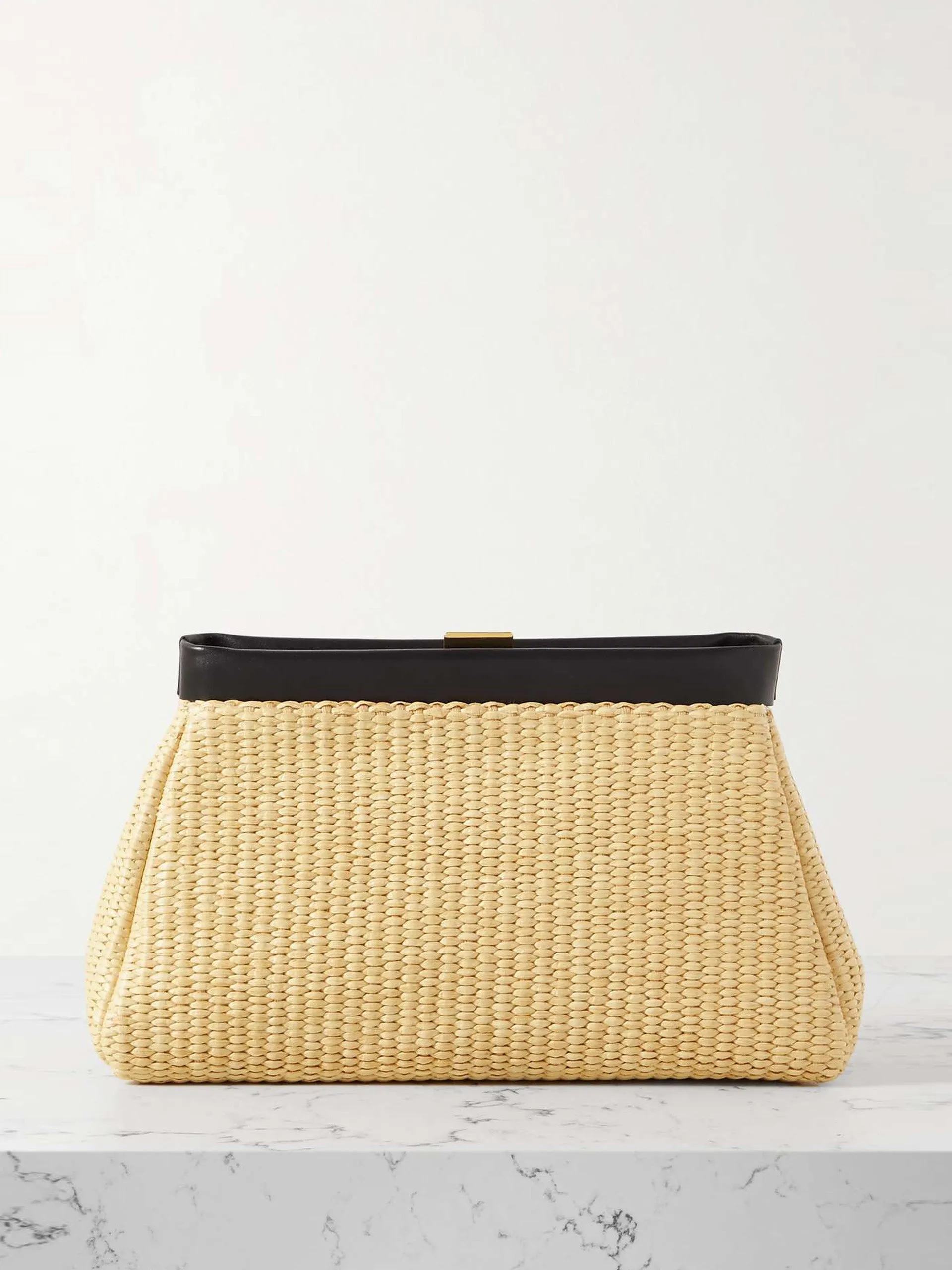 Cannes leather-trimmed raffia clutch bag