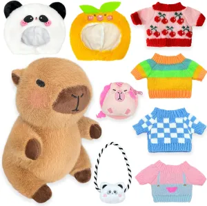 Capybara Plush with 9 pcs Clothes & Accessories, 10.2 in Cute Capybara Stuffed Animal Plush Toys, Dress Up Cute Plushies for Girls/Boys (Black)