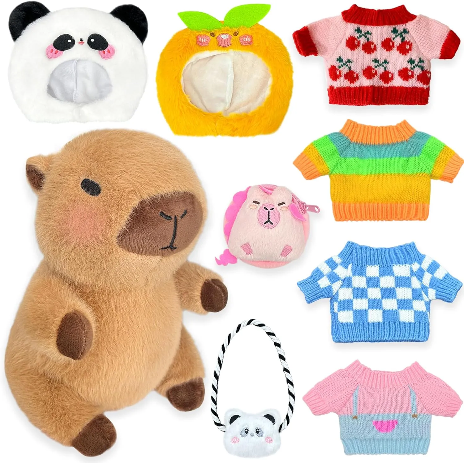 Capybara Plush with 9 pcs Clothes & Accessories, 10.2 in Cute Capybara Stuffed Animal Plush Toys, Dress Up Cute Plushies for Girls/Boys (Black)